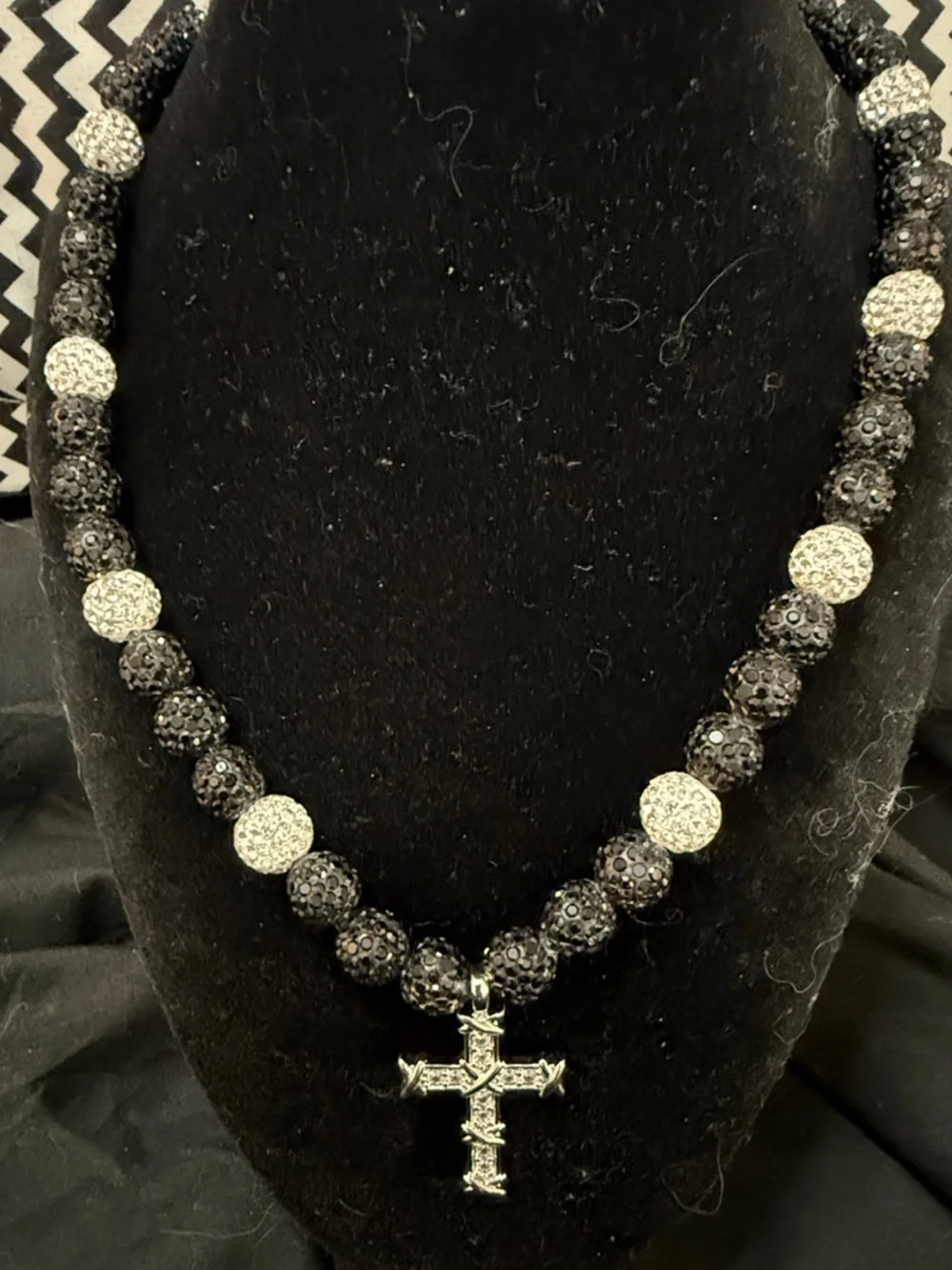 Stainless steel Cross Pendant Necklace with Black and‎ White Crystal Beads